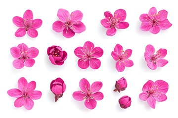 Pink Plum Blossoms Spring Flowers Collection, Isolated White Background, Botanical Illustration