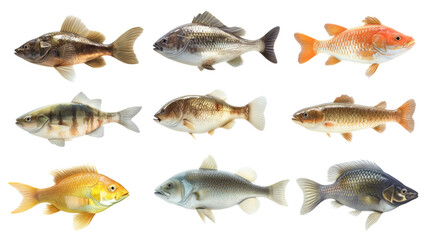 Fototapeta premium This display features a collection of freshwater fish, each showcasing unique colors and forms. The species vary in appearance, highlighting their diversity in a striking arrangement