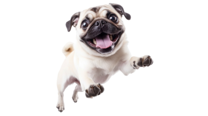 A playful pug leaps joyfully with its mouth open and ears flopped, expressing happiness in a bright, well-lit space. The dog's lively energy is infectious
