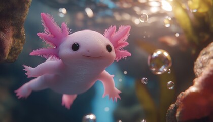 Floating pink creature with feathery gills smiles in a sunlit aquarium surrounded by bubbles and plants