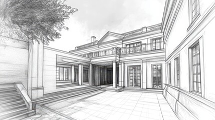 Meticulously Drawn 3D Pencil Sketch of a Luxurious Architectural Design with Elegant Features and Detailed Surroundings