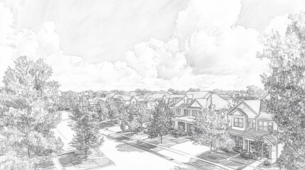 Minimalistic Yet Detailed Pencil Drawing of a Residential Neighborhood with Trees and Clouds