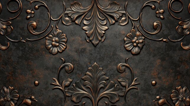 Intricate antique metal engraving with ornate floral patterns on bronze