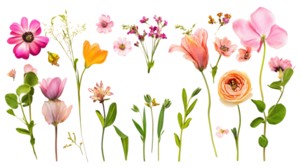 Various vibrant flowers in diverse shapes and sizes are cut out and arranged to create an enchanting composition ideal for artistic projects and design purposes