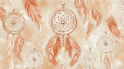 Bohemian dreamcatcher pattern with delicate feathers in soft beige tones