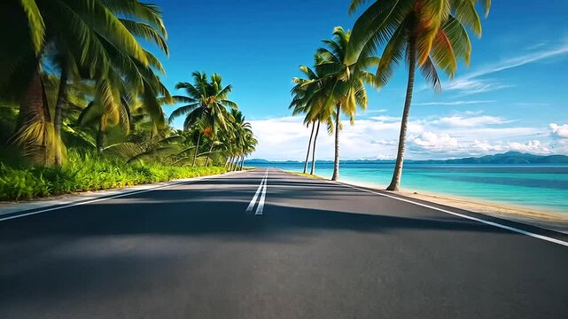 A quiet island highway running parallel to the ocean, with towering coconut palms on one side and an untouched tropical shoreline with powdery white sand on the other.