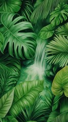 Lush tropical paradise featuring a vibrant waterfall amidst exotic foliage