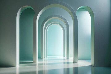 Simple, abstract 3D arches casting faint shadows on a soft gradient background, evoking a serene and structured minimalism