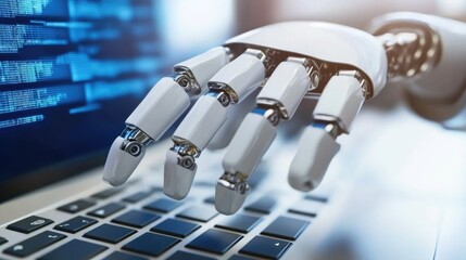 Robotic Hand Interacting with Code on a Laptop, AI and Technology