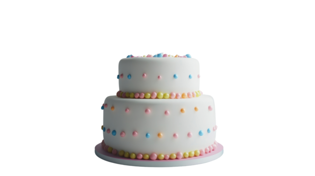 A delightful two-tier cake decorated with colorful polka dots and a smooth white frosting, perfect for birthdays or festive gatherings, showcasing its sweet allure,cut out