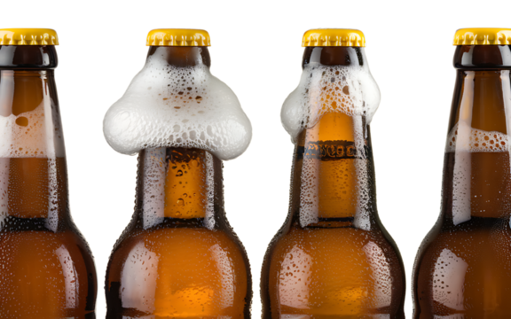 row of brown beer bottles with foam