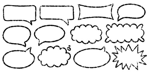 Set of rough, textured speech and thought bubbles with grunge-style edges. Perfect for comic dialogues, notes, and creative designs. Empty frames for customizable text, conversation, or emphasis.