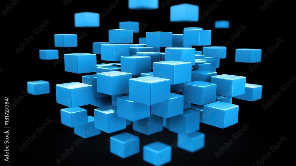 Poster blue cubes floating in space creating an abstract digital scene