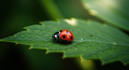 Fototapeta premium Ladybug Resting on Green Leaf Macro Shot Wildlife Nature Scene
