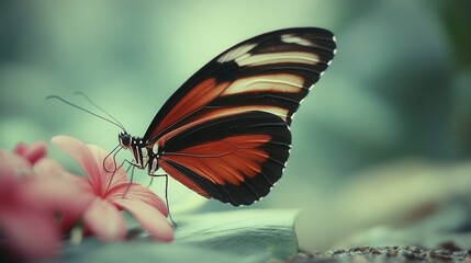 Obraz premium Close up of an orange and black butterfly with white stripes on its wings feeding on a pink flower. Soft, muted background.