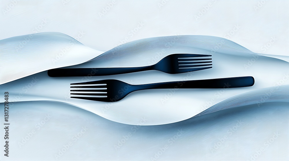 Poster elegant black forks on soft blue fabric with flowing patterns in minimalist style