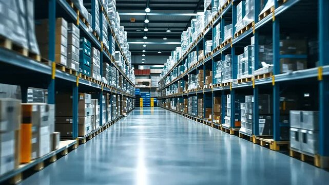 Rows of shelves in a massive warehouse filled with products, with workers efficiently picking and packing orders for shipment.