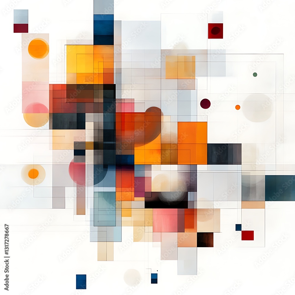 Poster abstract geometric composition with colorful circles and squares in a modern art style