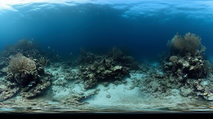 Underwater panoramic view of a vibrant coral reef teeming with marine life, bathed in sunlight filtering through the ocean's surface.