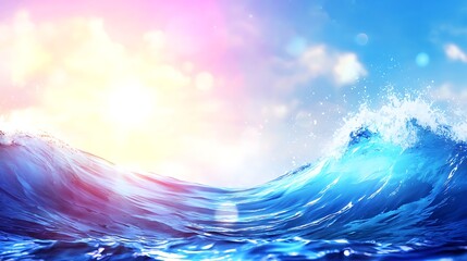 Vibrant Ocean Waves Under Colorful Sky with Shimmering Sunlight and Gentle Breeze