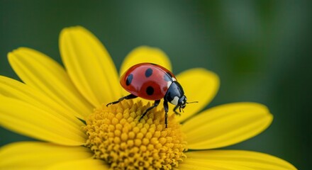 Fototapeta premium Ladybug Walking on Bright Yellow Flower with Dark Green Background