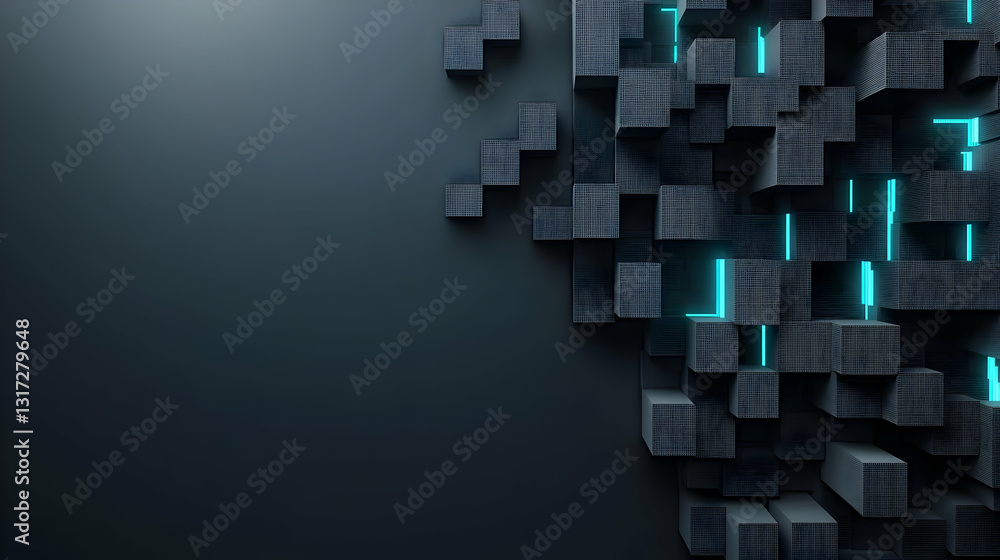 Poster abstract 3d blocks with teal glow on dark background