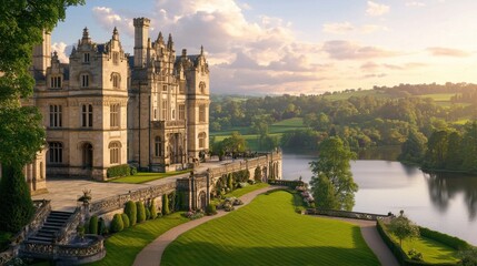 Obraz premium A historic English manor bathed in golden sunset light, with sprawling green lawns and a private lake in front.