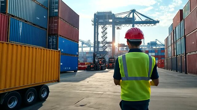 A shipping container is unloaded at a customs inspection area, with officers checking documentation and goods.