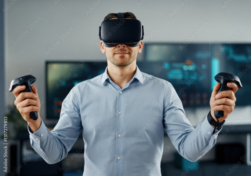 Poster man using virtual reality headset and controllers for immersive gaming experience