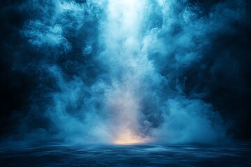 Dramatic Blue Smoke Background Mystical Fog, Dark Ground, Studio Lighting