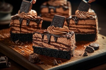 Delicious Chocolate Mousse Cakes on Rustic Wooden