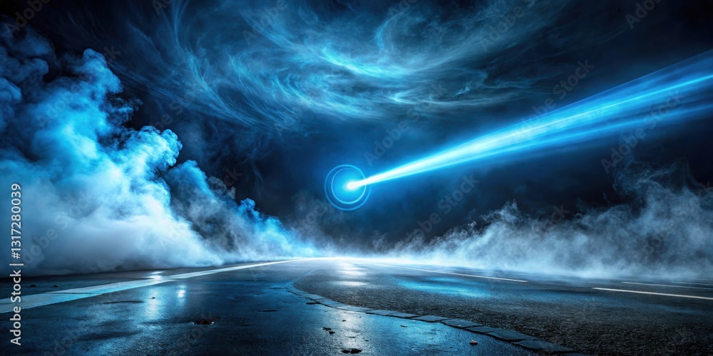 Poster a mystical nighttime scene with a foggy road and a beam of light shooting through the clouds