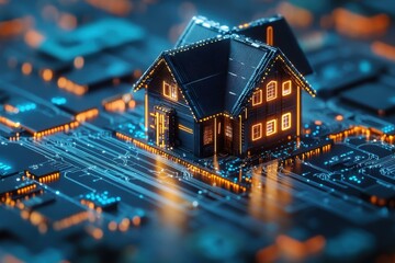 Futuristic house on circuit board, merging technology and architecture in a digital landscape