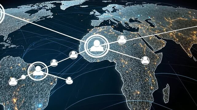 A large logistics map showing the interconnectedness of global distribution centers and major shipping routes across continents.
