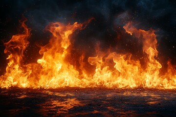 Fiery Inferno Wall of Flames Burning Embers on Dark Ground Background