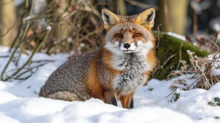 Fototapeta premium Red fox covered in snow sits in a snowy forest, looking directly at the camera. Sunlight illuminates the fox's fur. Winter scene.