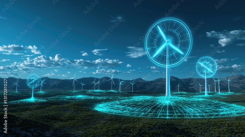 Poster a holographic display of ai-optimized energy distribution across a futuristic renewable power grid.