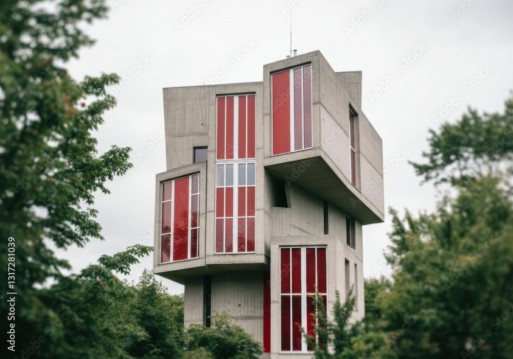 Poster modern architectural building with red accents and unique design