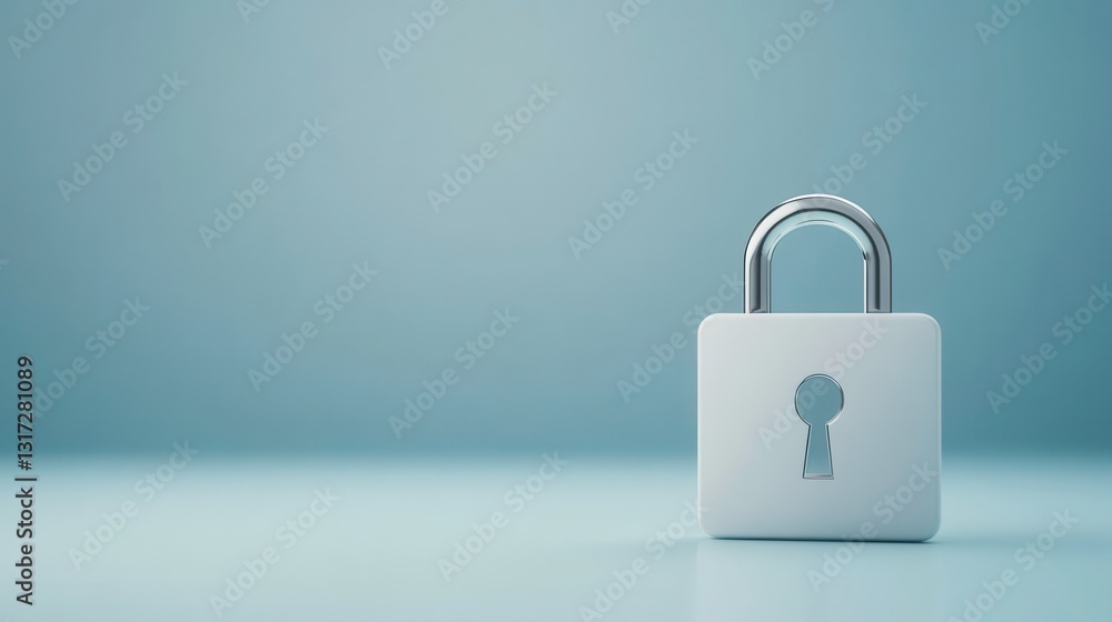 Poster minimalist design of a white padlock symbolizing security and protection in a calm blue environment
