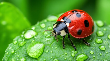 Fototapeta premium Close up of a ladybug on a dew covered green leaf. The ladybug is red with black spots, and the leaf is vibrant green with water droplets.
