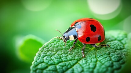 Fototapeta premium Close up of a ladybug with black spots on a vibrant green leaf, soft focus green background. High detail macro shot showcasing the insect's texture and color.