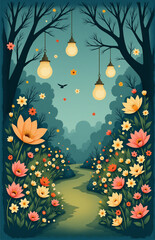 A serene and colorful illustration of a whimsical garden path surrounded by lush foliage and vibrant flowers, illuminated by hanging lanterns.