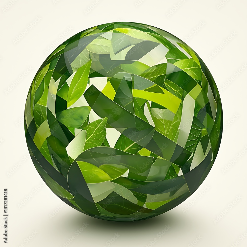 Poster abstract green sphere with layered leaves composition for nature and environment concepts