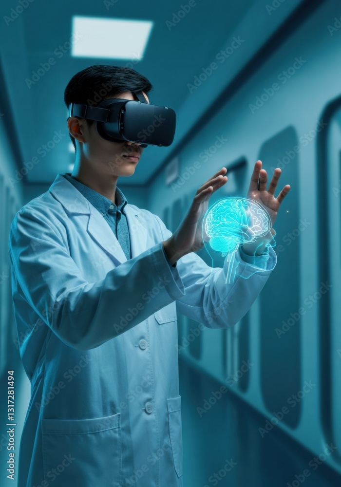 Poster scientist using virtual reality to explore a digital brain model