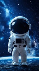 Little astronaut standing on Earth, space background, cosmic adventure, children's book illustration
