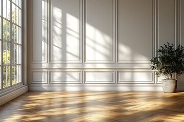 Obraz premium Sunlit Room Interior Elegant White Walls, Herringbone Wood Floor, Plant