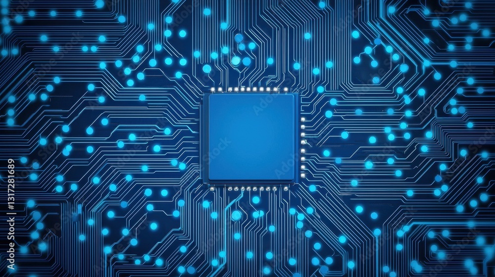 Aufkleber abstract blue circuit board with microchip on dark background