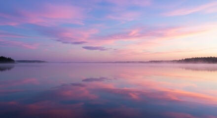 Naklejka premium Lake at Dusk Reflecting Pastel Sky with Mist and Trees