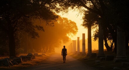 Fototapeta premium Woman Walking at Sunrise Through Ancient Ruins - Silhouette of a woman walking down a path lined with ancient columns at sunrise. Golden light, peaceful atmosphere