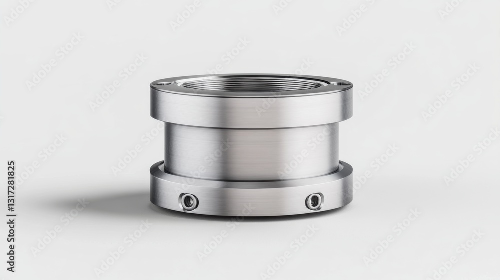Poster close-up of a shiny metallic connector with smooth surface and threaded interior on a neutral backgr